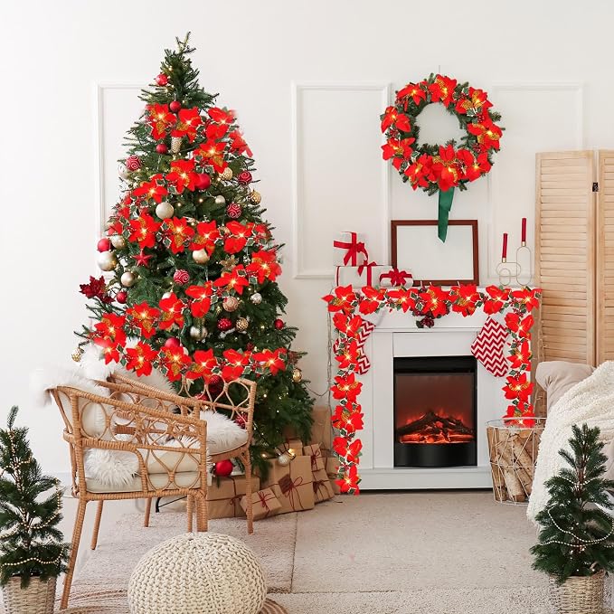 Zubebe 2 Pcs Prelit Poinsettia Christmas Garland with String Lights Glitter Holly Leaves Berries Remote Timer 8 Modes 6.5 ft Lighted Flower Garland Battery Operated Indoor Outdoor Decor(Red)