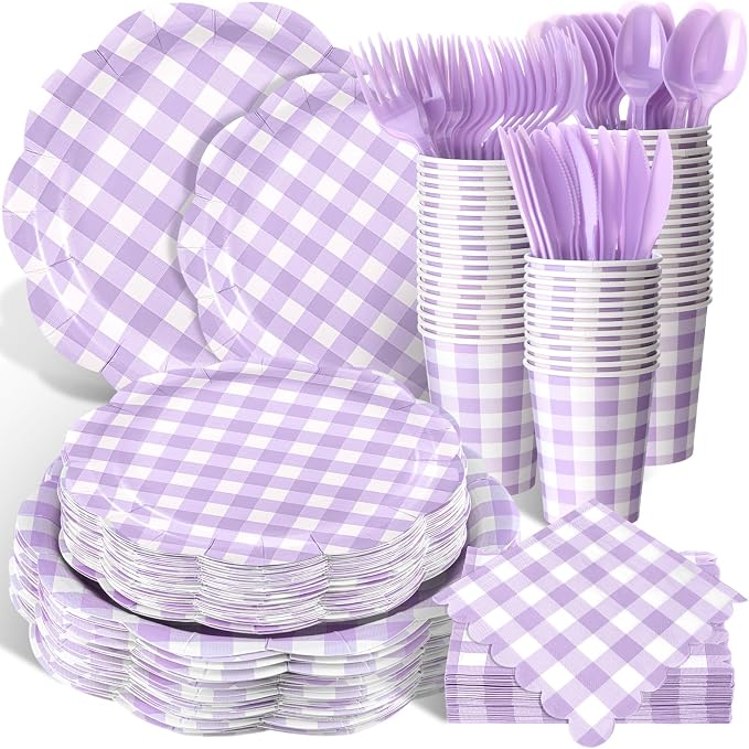 Funnymoom 400 Pcs Gingham Party Supplies for 50 Guests Purple and White Paper Plates and Napkins Knives Spoons Forks Cups Disposable Checkered Dinner Party Set Cutlery for Baby Shower Wedding Favor