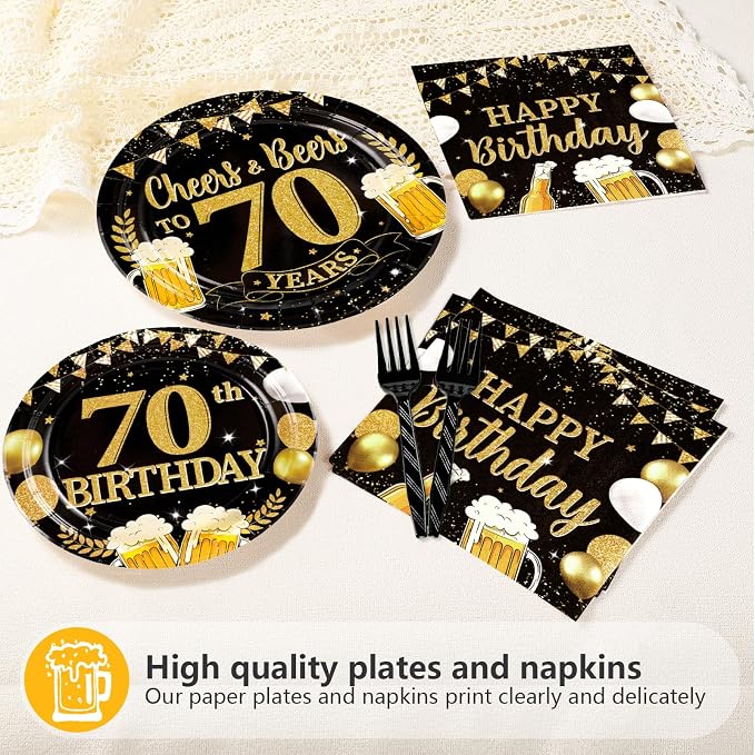 96Pcs 70th Birthday Party Supplies Black Gold Plates and Napkins Tableware Sets Cheers and Beers to 70 Years Decorations Favors for Men Women 70 Years Old Birthday Dinner Holiday Party Serves 24