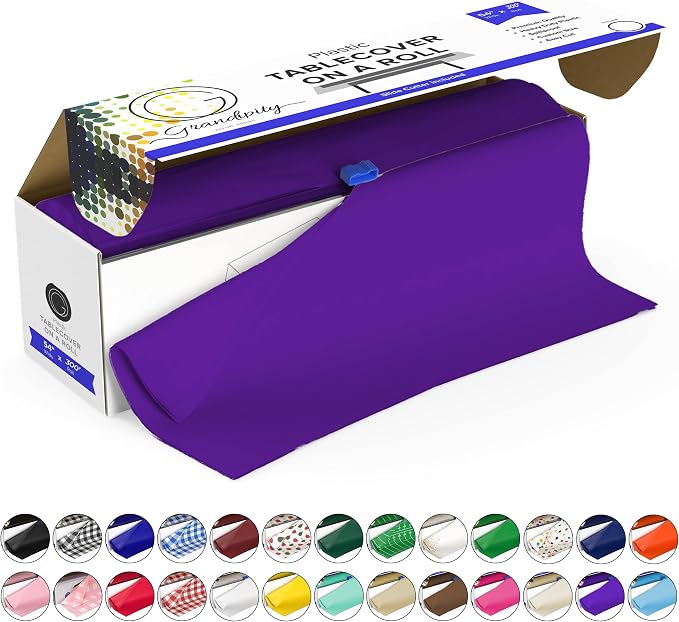 Grandipity Plastic Tablecloth Roll - 54in x 300 Ft. Purple Plastic Table Cloths for Parties Disposable with Cutter Box - Cut to Size Disposable Tablecloth Table Cover for Rectangle & Round