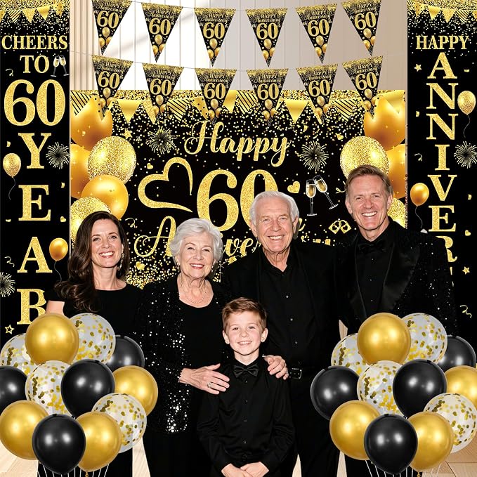 Black Gold Happy 60th Anniversary Decorations for Men Women, Black Gold 60th Wedding Anniversary Party Decorations Banner, Porch Banner, Triangle Flag, Tablecloth and Balloons Kit Party Supplies