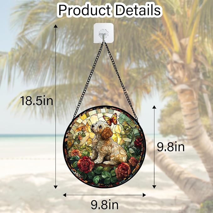 DASTOLL Stained Glass Window Hanging, Cute Dog and Flowers Suncatcher for Doors Home Butterfly Sun Catchers Decoration and Christmas, Mother's Day Birthday Gifts for Women, Men, and Mom 9.8 in