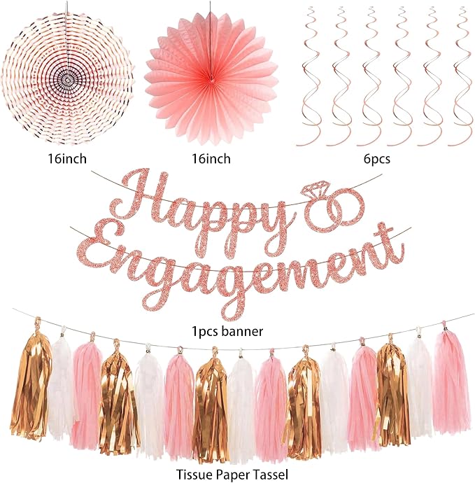 Roetyce Engagement Party Decorations, Rose Gold Glitter Happy Engagement Banner, Almost Married/Just Engaged Photo Background, Pink Congratulations Wedding Bachelorette Backdrop Decor