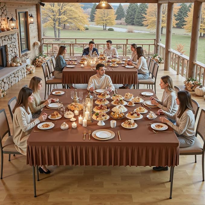 Wish Care Brown Spandex Tablecloths for 60x60 Inch Square Tables, Stretch Fitted Table Clothes with Pleated Ruffle Skirt for 60” Table, Wrinkle Free and Elastic, for Party Kitchen Home Dining