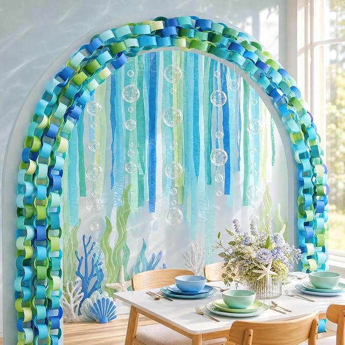 500 Sheets Under The Sea Paper Chain Strips Garlands Set, 492ft Blue Green Crepe Paper Streamers and 33ft Clear Bubble Garland for Ocean Theme Birthday Party Baby Shower Hanging Decorations