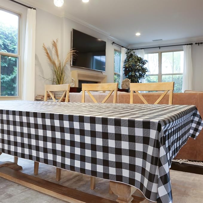 Plastic Tablecloth Roll – 54" x 100' Plastic Tablecloths for Parties Disposable with Cutter Box - Cut to Size Disposable Tablecloth for Rectangle & Round (Gingham-Black)