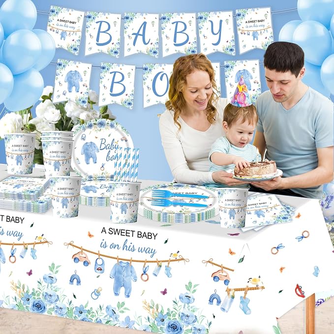 162 Pcs Baby Shower Decorations for Boy Serve 25 Guest - Blue Theme All-in-One Party Supplies Kit with Plates, Cups, Napkins, Forks, Straws, Banner, Tablecloth for Baby Shower Decor