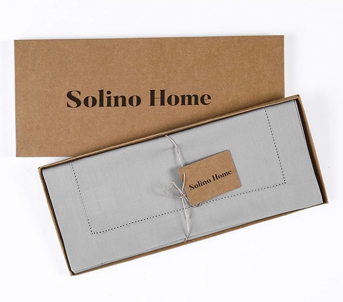 Solino Home Light Grey Table Runner 90 Inches Long - Cotton Linen Hemstitch 14 x 90 Inch Table Runner for Dining, Spring, Summer, Mothers Day