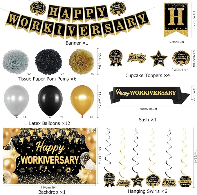 DARUNAXY Happy Workiversary Party Decorations for Men Women, Black Gold Happy Work Anniversary Banner Cake Topper Hanging Swirl Confetti Balloons Decor Set for Employee Office Party Supplies(31PC)