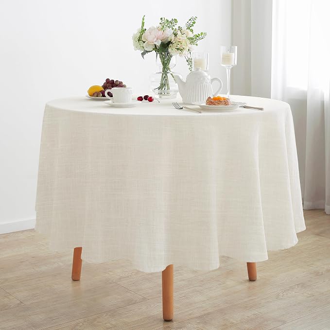 Linen World Round Linen Blend Tablecloth 90" Inch,Linen Loook Soft Cool & Breathable,Machine Washable Natural Table Cloth for Dining, Kitchen, Outdoor, Easter-Creamy White