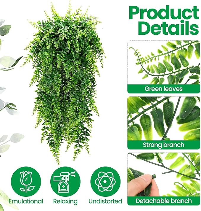 Geosar 128 Pcs Artificial Hanging Plants 32 Inch Hanging Boston Ferns Plastic Fake Plants for Wall Room Garden Wedding Garland Indoor Outdoor Decoration, No Basket