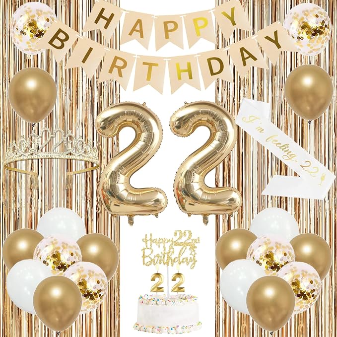 Trgowaul 22nd Birthday Decorations for her, Champagne Gold Happy 22nd Birthday Supplies for Girls, 22 Sash and Crown, Banner, Fringe Curtains, Cake Topper, 22 Year Old Party Supplies Set
