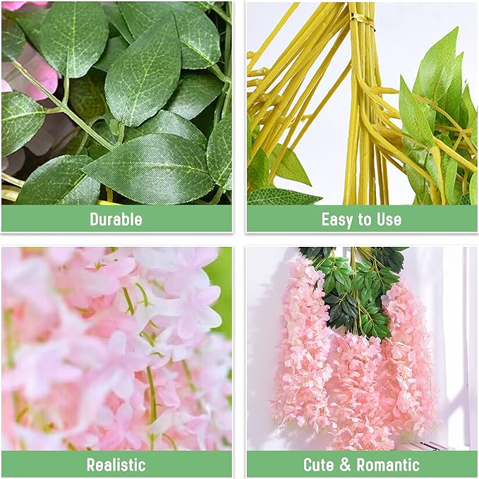 BLEUM CADE 36Pcs Pink Fake Wisteria Hanging Flowers, 3.6Ft/Pcs Artificial Wisteria Garland, Hanging Flowers for Wedding Party Home Backdrop Wall Decoration