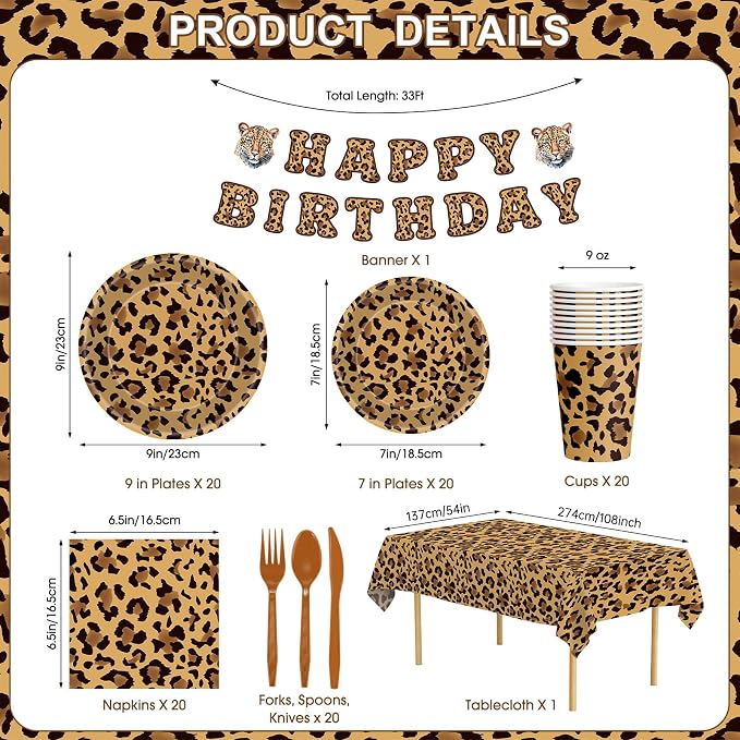 142 Pcs Cheetah Print Birthday Decorations Set - Happy Birthday Banner, Animal Leopard Paper Dinner Plates Napkins Cups, Plastic Tablecloth, Flatware for Cheetah Party Supplies Leopard Birthdays Decor