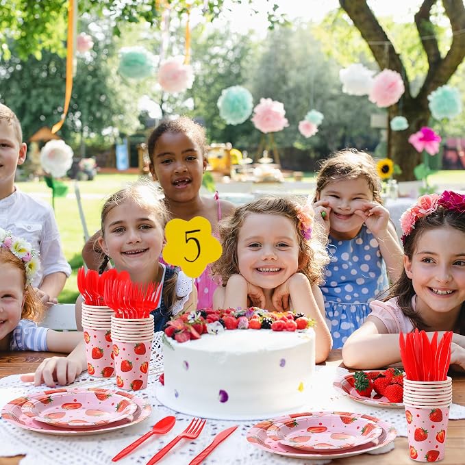 Ziliny 350 Pcs Strawberry Party Supplies Tableware Set Disposable 9'' 7'' Paper Plates 9 oz Cups Cutlery Napkins Dinnerware Set for 1st Berry First Birthday, Serve 50 (Strawberry, Red, Pink)