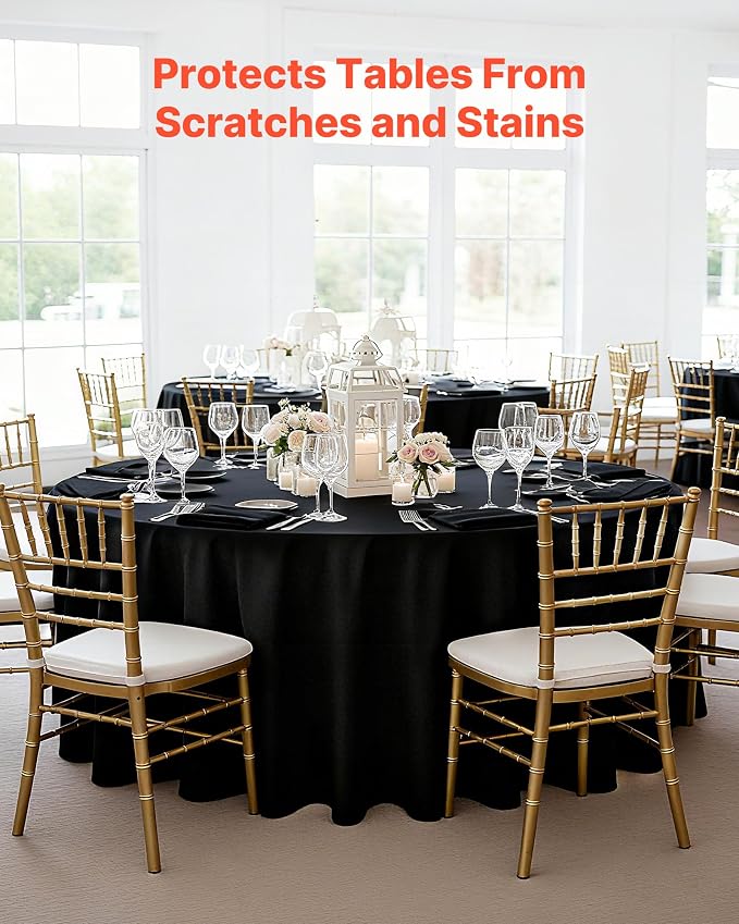 VEVOR Black Round Tablecloths 10 Pack, 120 Inches in Diameter, Stain- & Wrinkle- Resistant, Machine Washable Table Clothes, Polyester Fabric Table Covers for Wedding, Party, Banquet, Formal Events