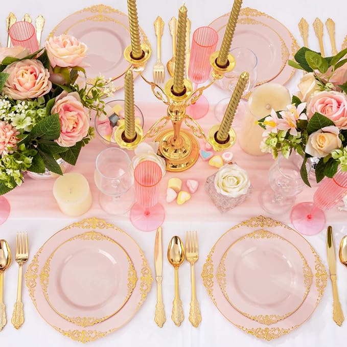 125PCS Pink and Gold Plastic Plates - Pink Disposable Plates - Vintage Plate with Gold Plastic Silverware Set for 25 Guests for Weddings Baby Shower Parties