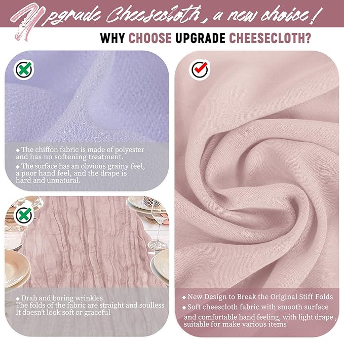 Teruntrue 24 Packs Pink Cheesecloth Table Runner,10ft Rustic Gauze Boho Wedding Table Runner Decoration, Wedding Table Decor Sheer Table Runner for Wedding Party Bridal Shower Table