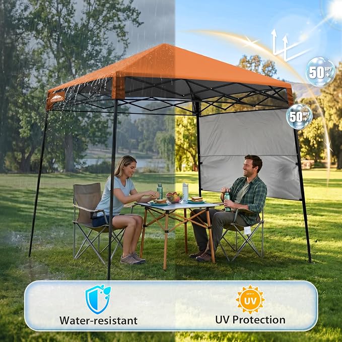 EAGLE PEAK 8x8 Pop Up Canopy Tent with Sidewall, Compact, Portable Slant Leg Instant Sun Shelter for Beach, Sports, & Camping, 8x8 Base 6x6 Top, Orange