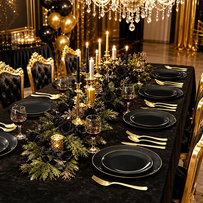 YOUBET 125PCS Black and Gold Plastic Plates - Black Disposable Plates With Gold Rim - Includes 25 Dinner Plates, 25 Dessert Plates, 75 Gold Silverware for Wedding Birthday Party