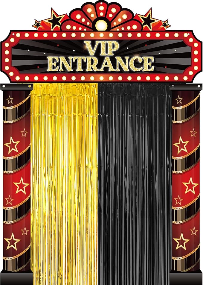 Peryiter 5 Pcs Casino VIP Entrance Movie Night Party Decorations Film Theme Door Banners Gold Black Tinsel Curtains, Double Sided Tape for Las Vegas Party Decorations Movie Night Film Supplies