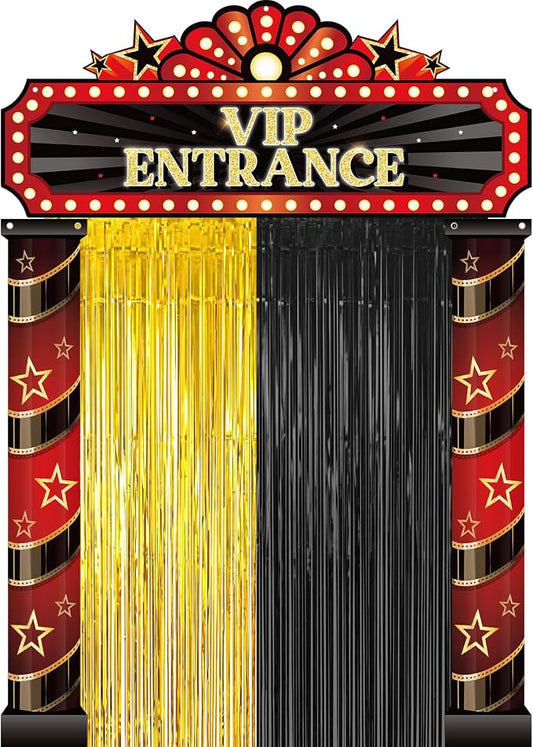 Peryiter 5 Pcs Casino VIP Entrance Movie Night Party Decorations Film Theme Door Banners Gold Black Tinsel Curtains, Double Sided Tape for Las Vegas Party Decorations Movie Night Film Supplies