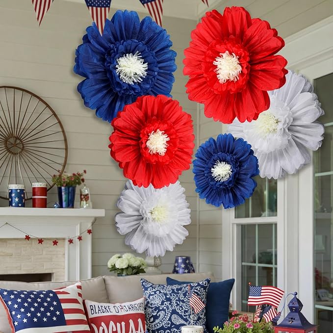Giegxin 6 Pcs 31.5" 24" 4th of July Giant Crepe Paper Flowers 250th Red White Blue Paper Flowers America Patriotic Decorations USA Tissue Floral for Wall Independence Day Birthday Party Decor