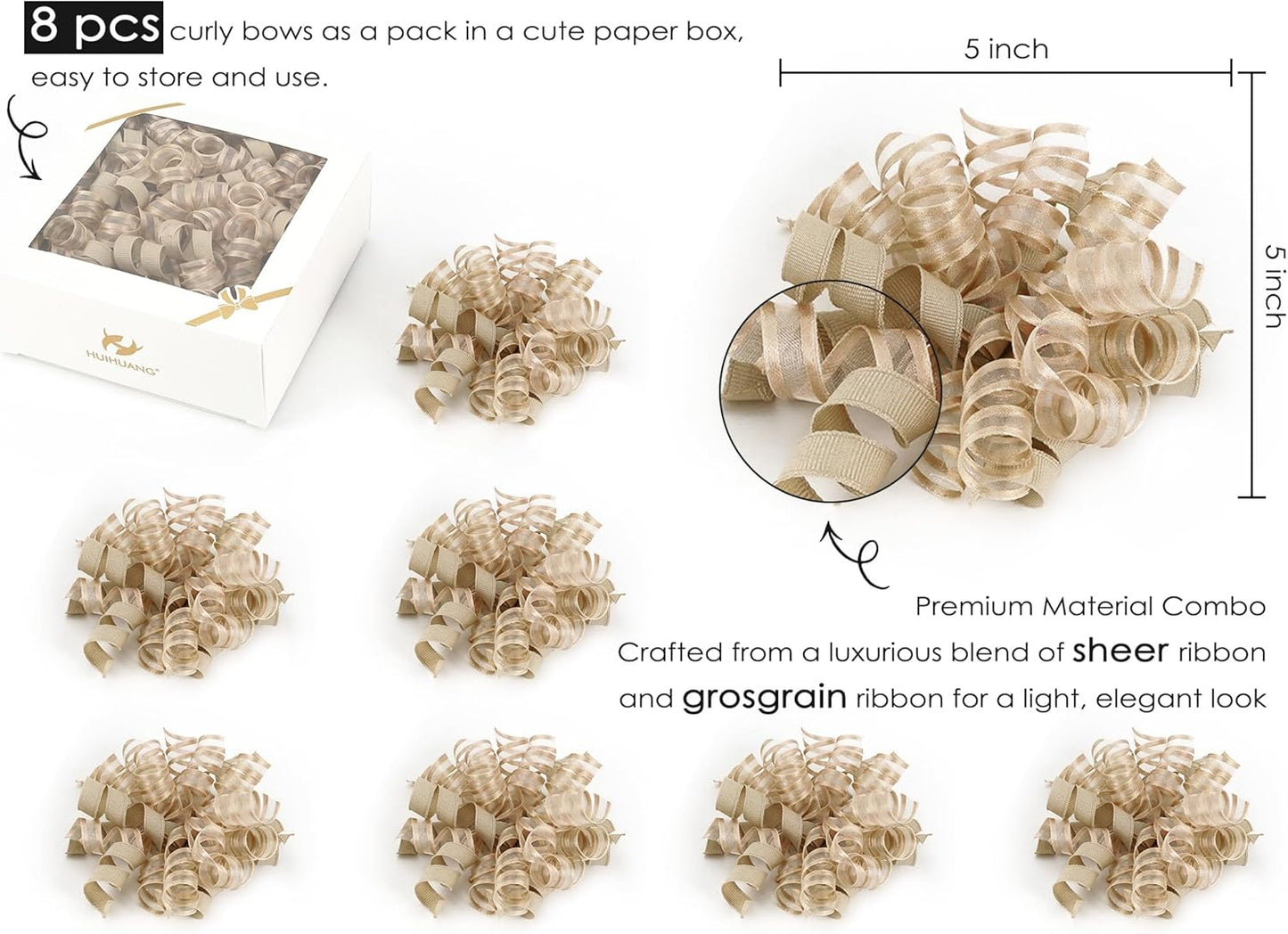HUIHUANG Curly Bows for Gift Wrapping Champagne Gift Bow 5 inch x 8 Counts Self-Adhesive Ribbon Bows for Presents, Paper Bag, Party Favors, Wrapping Accessories, Holiday Wedding Decoration
