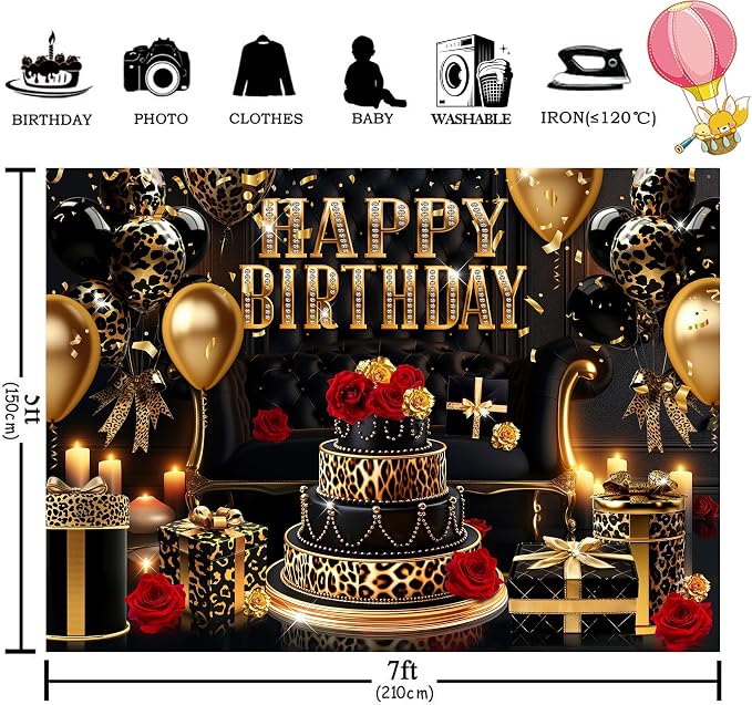 Happy Birthday Backdrop for Women 7Wx5H Feet Black Gold Leopard Print Cheetah Balloon Banner Decoration Red Rose Party Celebration Photography Background Photo Shoot Props Polyester Fabric