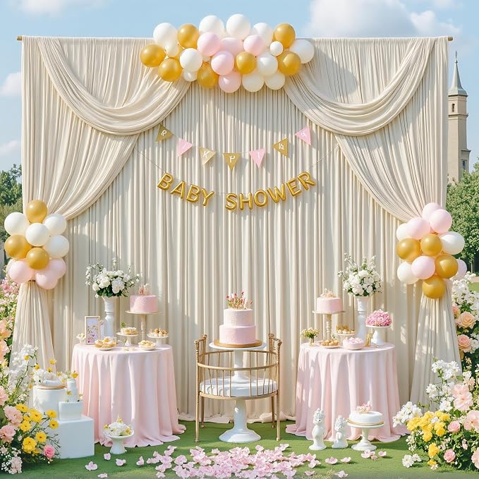 10x8ft Beige Backdrop Curtains for Parties Wedding Photo Wrinkle Free Polyester Photoshoot Curtains Drapes Backdrop for Birthday Baby Shower Graduation Stage Photography Background 2 Panels 5x8FT