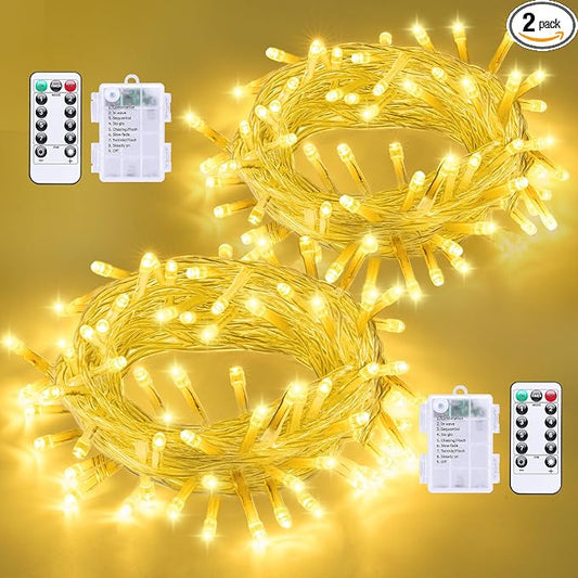 QITONG 2 Pack Battery Operated String Lights, Each 33ft 100 LED Warm White Christmas Lights Outdoor Waterproof, 8 Modes Clear Wire Twinkle Fairy Lights Indoor with Remote