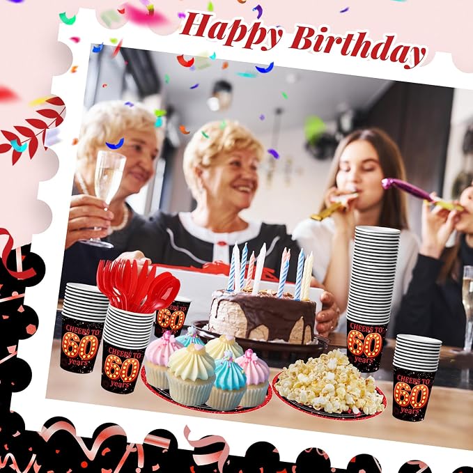 240 Pcs 60th Birthday Decorations 1966 Birthday Party Tableware Include Plates Napkins 9oz Cups Cutlery 60th Anniversary Party Supplies for Men Women Him Her, Serve 30 Guests (Black Red)