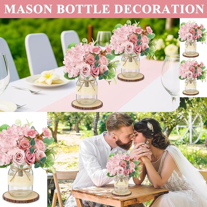 Set 10 Mason Jar Table Centerpiece - Wedding Centerpieces for Tables, Mason Jar Flower Vases Decor- Boho Farmhouse Rustic for Engagement, Bridal Shower, Wedding, Versatile Decor (Pink)