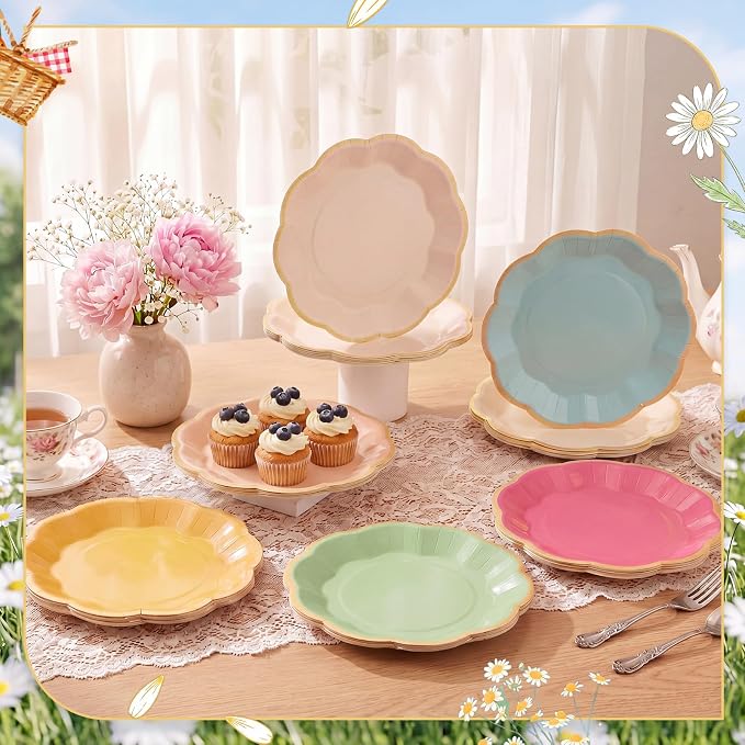 72 Pcs Daisy Flower Paper Plates Pink and Green Yellow Wildflower Colorful Scalloped Paper Disposable Plates for Dinner Dessert Baby Shower Spring Daisy Theme Birthday Party Decorations