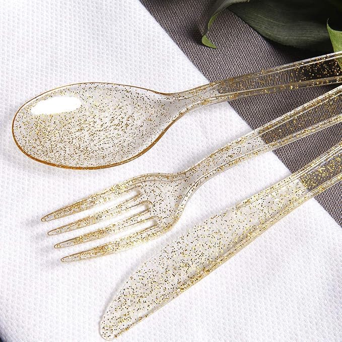 WDF 360 Gold Plastic Silverware - Disposable Gold Glitter Cutlery - Plastic Silverware inluding 120Forks, 120 Spoons, 120 Knives for Wedding Baby Shower Spring Birthday