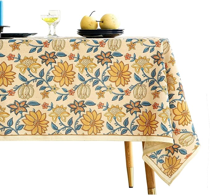 ISAENNE Designer Vintage Linen Rectangular Tablecloth,102"x63"-Estevan B | French Elegant Printed Table Cloth for Rectangle Table,Orange Floral Pattern,Dining Room,Kitchen,Tea Party,Thanksgiving