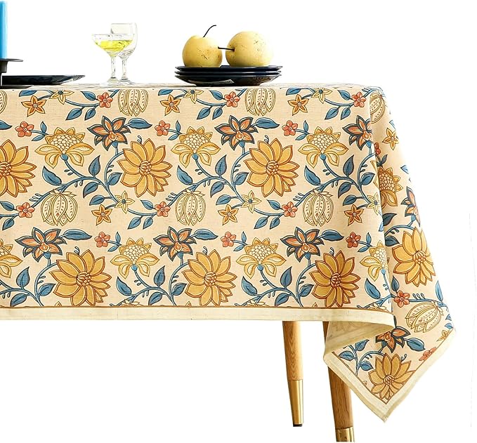 ISAENNE Designer Vintage Linen Rectangular Tablecloth,94"x63"-Estevan B | French Elegant Printed Table Cloth for Rectangle Table,Orange Floral Pattern,Dining Room,Kitchen,Tea Party,Thanksgiving