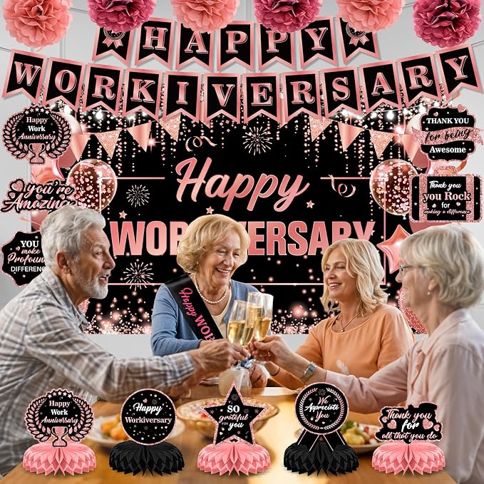 Happy Work Anniversary Decorations Rose Gold Happy Workiversary Banner Honeycomb Centerpieces Hanging Swirls Tissue Paper Pompoms Sash Set for Women Office Employee Worker Appreciation Party Supplies