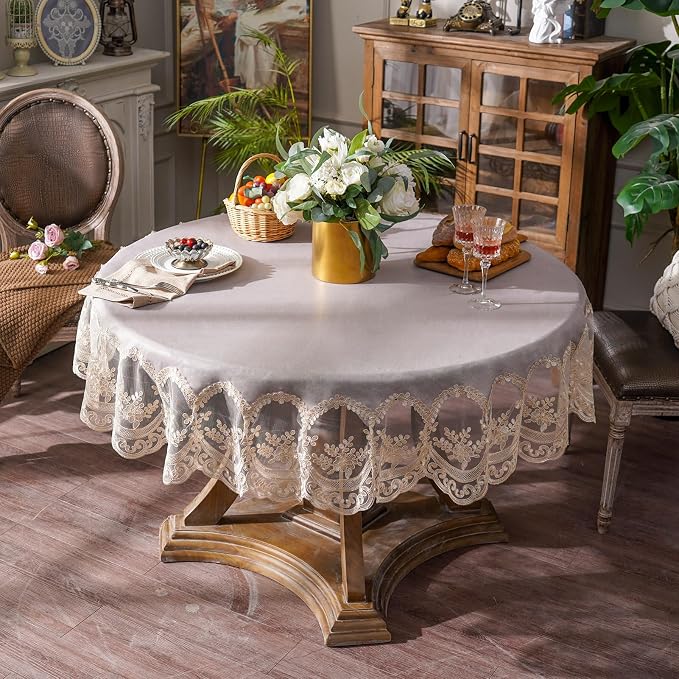 ARTABLE Vinyl Tablecloth Rectangle Waterproof Lace Table Cover with Exquisite Macrame Border for Wedding Kitchen Holidays Party Decor (Champagne, 60 Inch Round)