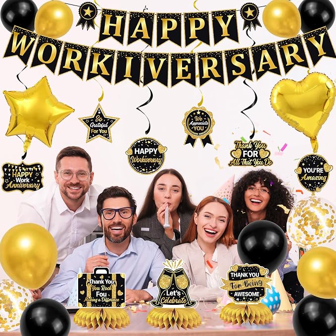 Vlipoeasn Happy Workiversary Banner Decorations for Women Men, Black Gold Work Anniversary Bacdrop Banner Honeycomb Centerpieces, Office Decor Staff Teachers Professors Doctor Nurses Workiversary