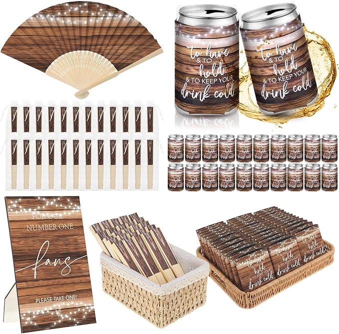 Hoteam 25 Sets Rustic Wedding Favors for Guests Bulk Including Brown Can Cooler and Paper Folding Fans with Wedding Decor Table Sign Cheers to Love for Bridal Shower Party Souvenir