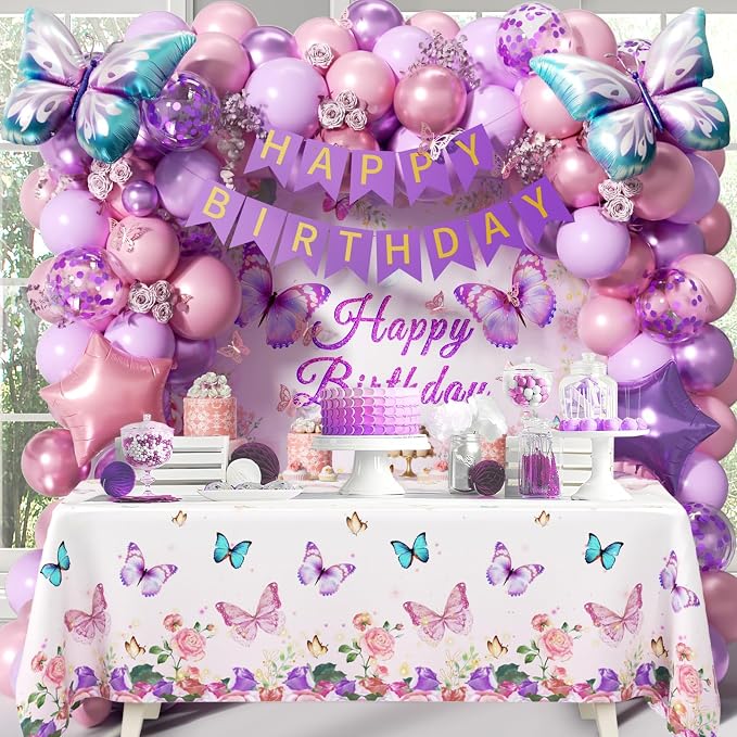 Pink and Purple Butterfly Birthday Decorations with Pastel Purple Pearl Pink Confetti Foil Balloons Tablecloth Backdrop Banner for Butterfly Birthday Party Decorations for Women