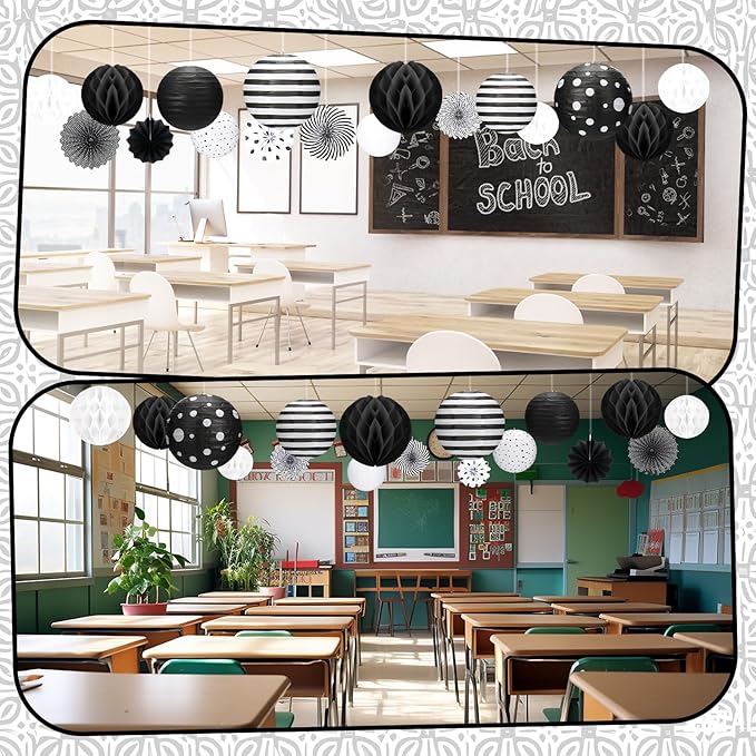 Retisee 18 Pcs Black and White Party Classroom Decoration Hanging Black White Paper Lanterns Paper Fans Honeycomb Balls Polka Dots Stripe Lanterns Decorative for School Classroom Decoration Supplies