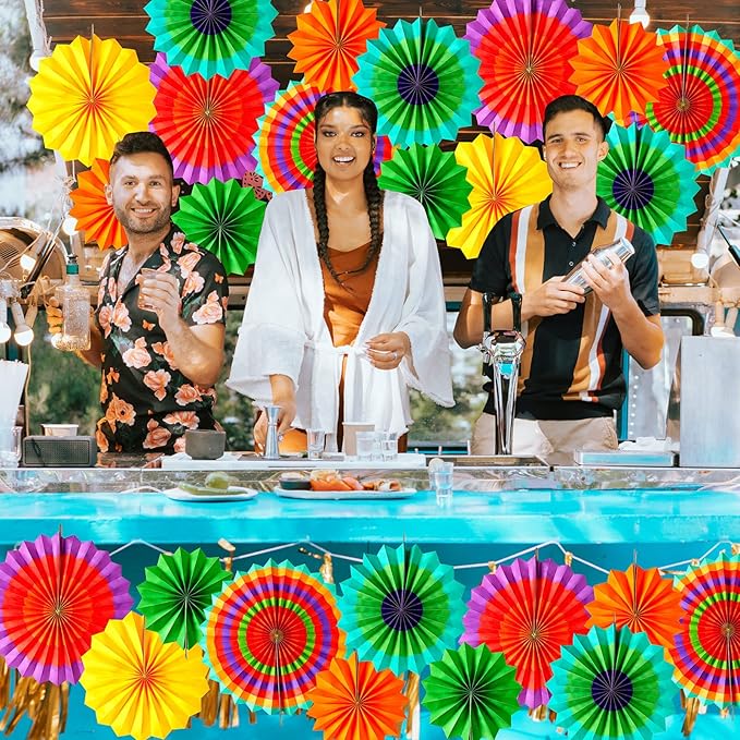 Sabary 36 Pcs Mexican Paper Fans Day of The Dead Party Decorations Cinco De Mayo Pom Poms Colorful Hanging Paper Fans for Fiesta Carnival Party Supplies Photo Prop