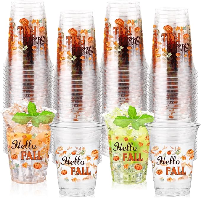 100 Pcs Thanksgiving Fall Plastic Cups 16 oz Disposable Clear Fall Cups Bulk Cute Pumpkin Plastic Glasses for Thanksgiving Party Supplies, Autumn Holiday, Harvest Gatherings, Cold Drinks