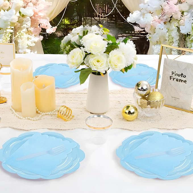 96 Pcs Light Blue Paper Plates and Napkins Set Party Supplies, Tableware set for 24 Guest include Disposable Light Blue Scalloped Plates, Napkins and Forks for Baby Shower Bridal Shower Wedding