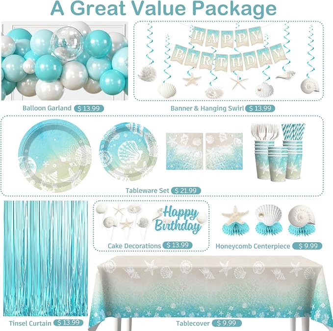 cocomigo 299pcs Beach Birthday Party Decorations Serves 25 Guests, Worry-free One-stop Set, with Balloons Arch, Banner Thick Plates and Cupcake Toppers, Easy Setup for Ocean-Themed Party