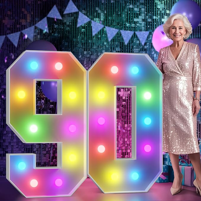 Marquee Numbers Colorful 90th Birthday Decoration: 4FT Large Light Up 90 Year Old Birthday Decorations Anniversary Backdrop Cardboard Sign 18 Colors Number 90 Mosaic Balloon Frame