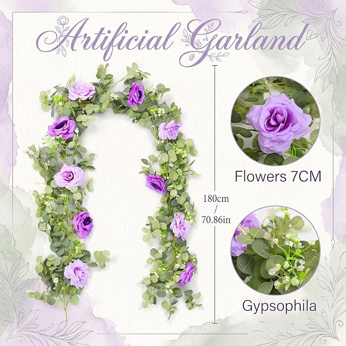 Canlierr 2pcs Large White Mr & Mrs Sign for Wedding Table with 5.91ft Artificial Flowers Garland, Wedding Centerpieces Wooden Bride and Groom Table Decorations for Engagement Decor (Purple)