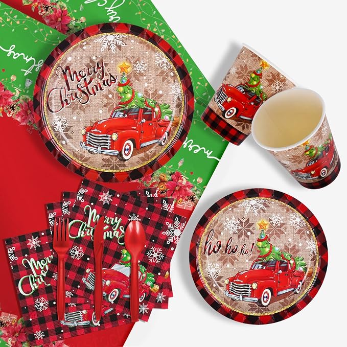 Christmas Party Supplies Disposable Paper Plates Napkins Cups Knives Spoons Forks Tablecloth for Merry Christmas Party Decorations，Serve 25